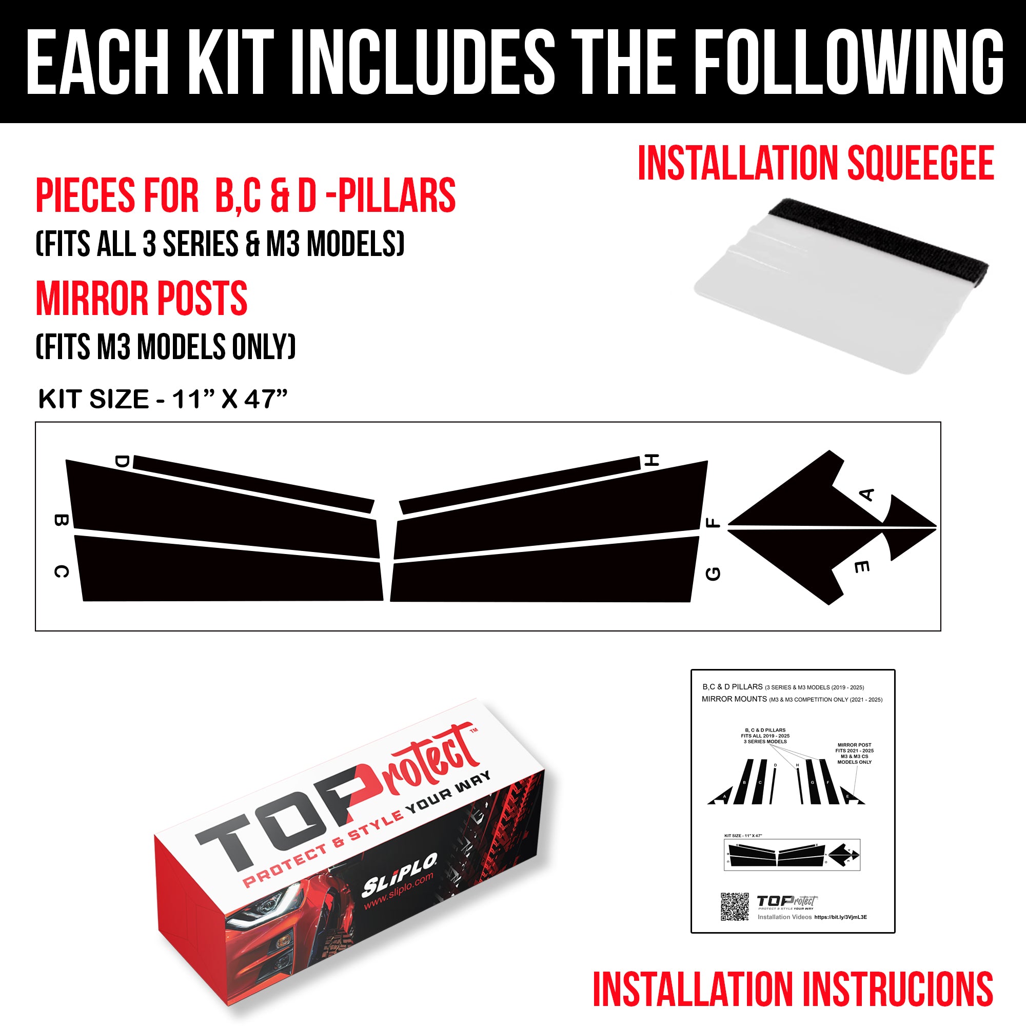 BMW 3 Series, M3 5D Realistic Carbon Fiber Pillars Fascia Overlay PPF Kit by TOProtect (2019 - 2025) - SLIPLO